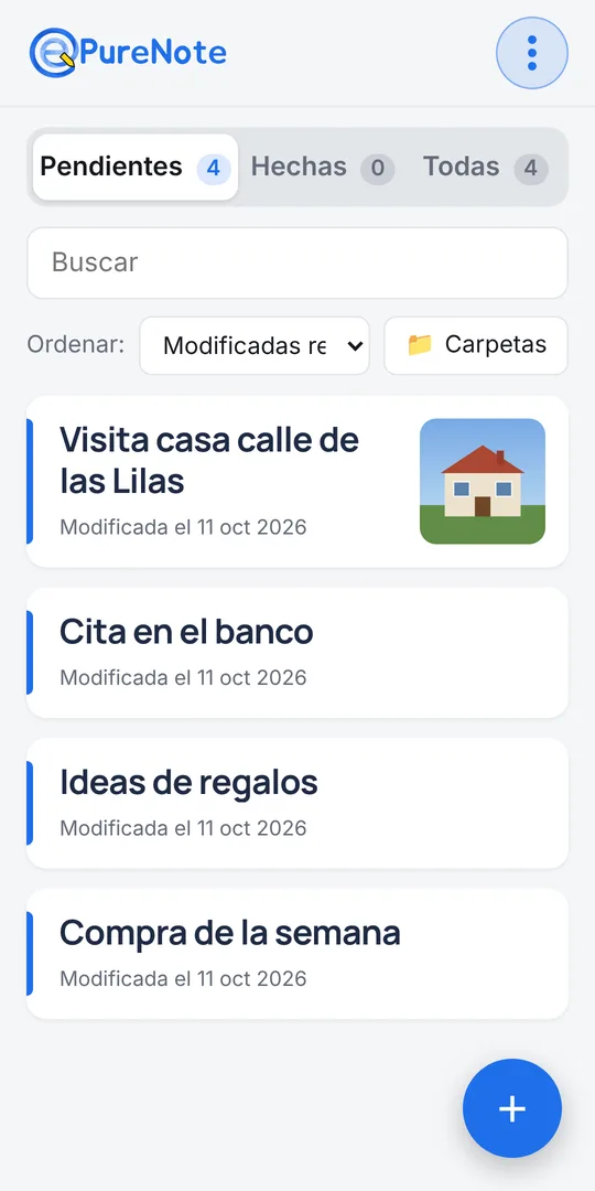 Lista de notas de ePureNote en un teléfono